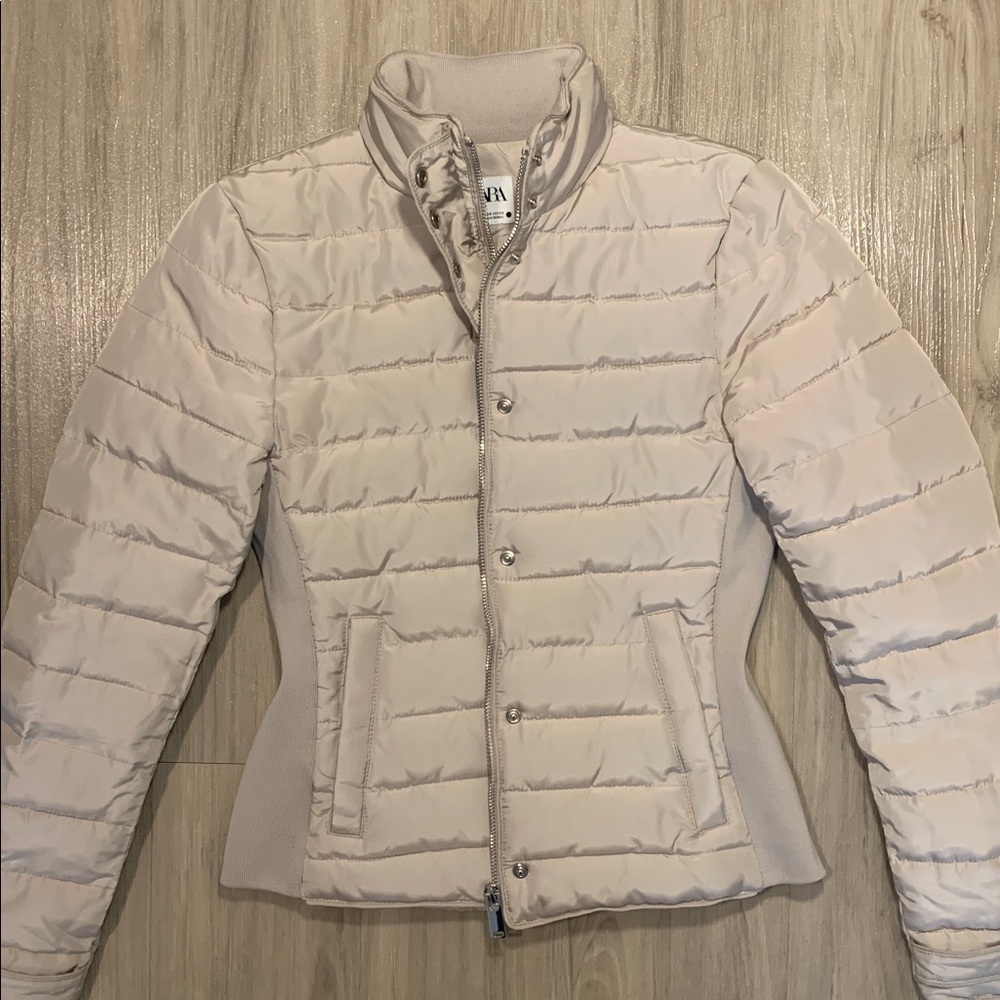 Classy Old Money Cream Waist Cinching Puffer Jacket Stand Collar Funnel Neck